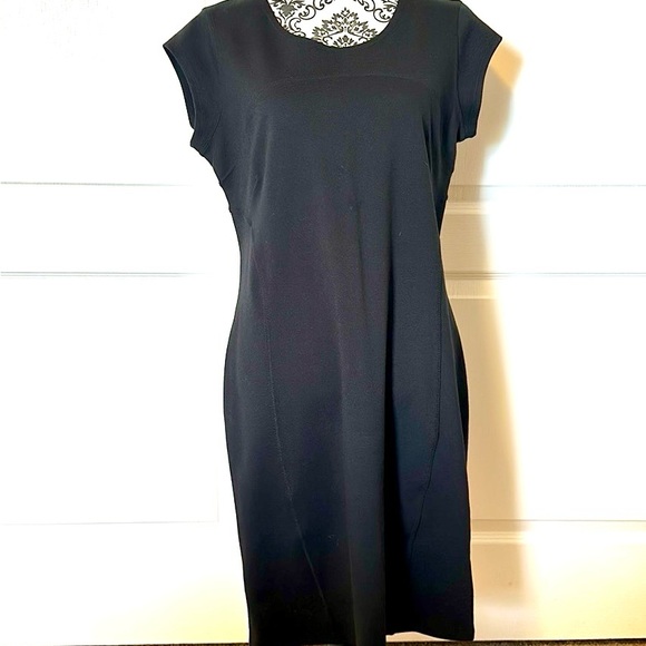 Black Athleta Ponte Illusion Dress, Crew neckline, Cap Sleeves, V back - Picture 2 of 7